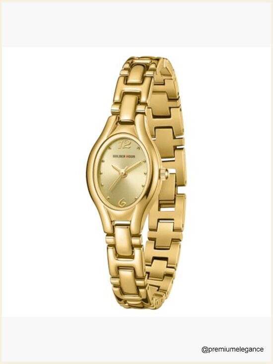 Vintage Oval Case Bracelet Watch - Gold Dial, Adjustable Link Band, 7.5\